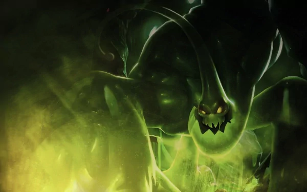 HD PC desktop wallpaper featuring Zac from the video game League of Legends, glowing with green energy in a dark, misty environment.