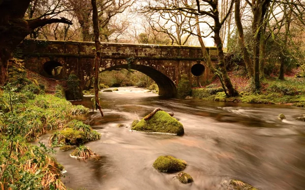 HD desktop wallpaper featuring a serene river flowing beneath an old man-made stone bridge surrounded by lush trees in a tranquil forest setting.