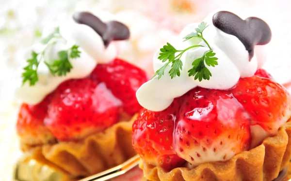 Delicate strawberry desserts topped with whipped cream and garnished with mint, set against a vibrant background, create a mouthwatering 4K Ultra HD wallpaper for food lovers.