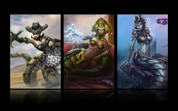 HD PC desktop wallpaper of Cassiopeia (League of Legends): three serpent sorceress splash-art portraits arranged over a glossy, reflective background.