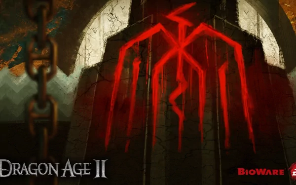 HD PC desktop wallpaper featuring a dark, ominous dragon emblem from the video game Dragon Age II with a gothic stone archway background.