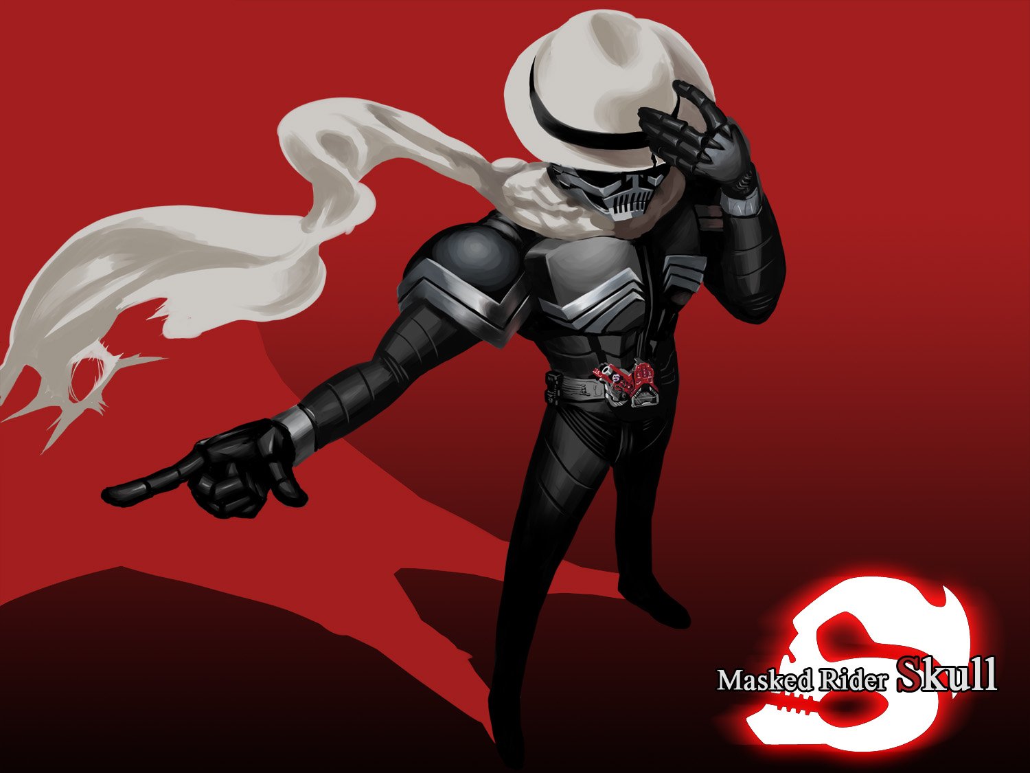 HD PC desktop wallpaper of Kamen Rider Skull from the TV show — masked rider in black armor with a flowing white scarf striking a dramatic pose against a red background.