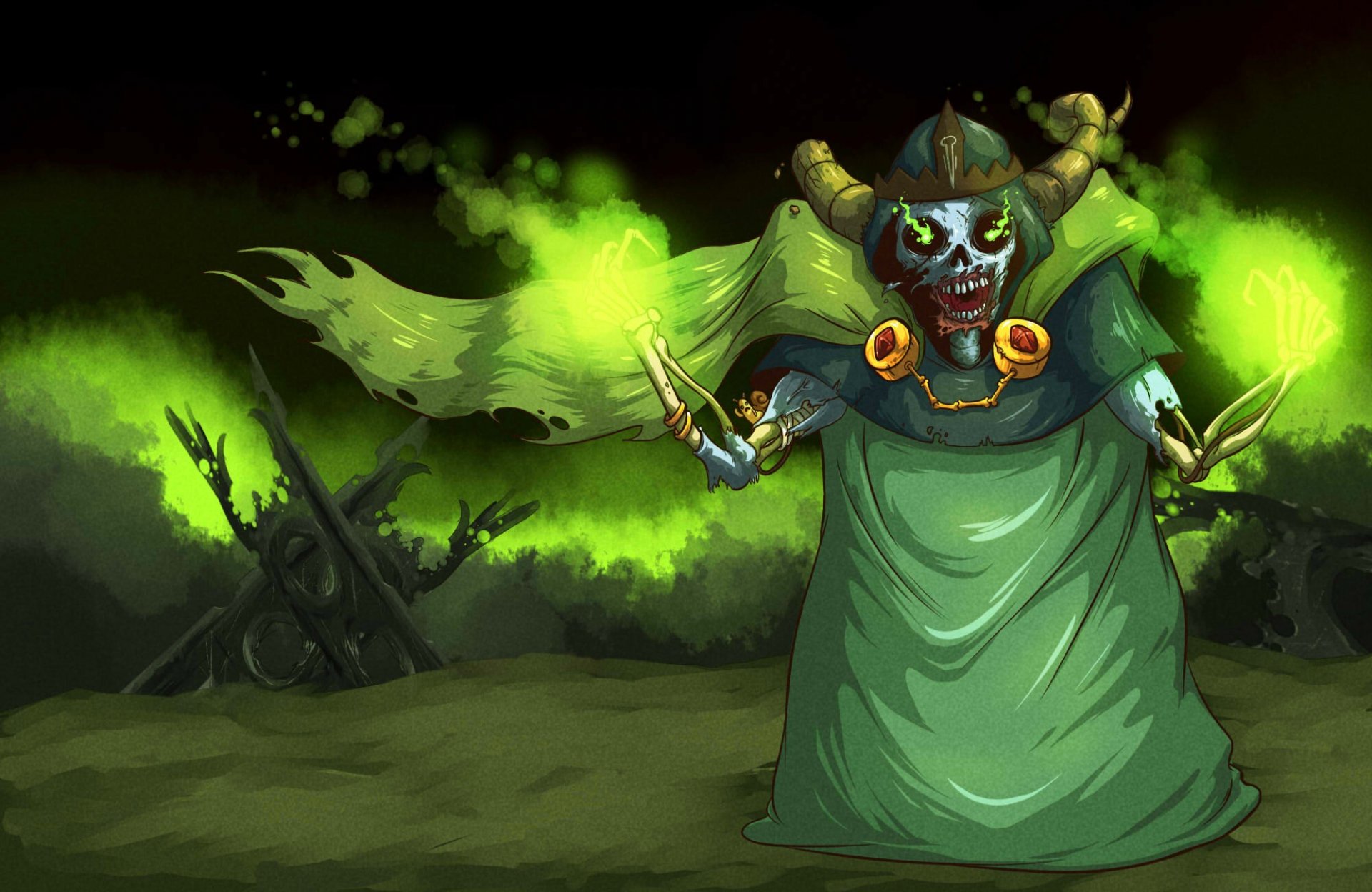 HD PC desktop wallpaper featuring a menacing, magical figure from the TV show Adventure Time, surrounded by eerie green glowing energy in a dark, mystical setting.