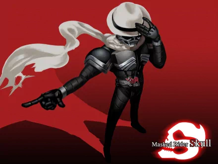 HD PC desktop wallpaper of Kamen Rider Skull from the TV show — masked rider in black armor with a flowing white scarf striking a dramatic pose against a red background.
