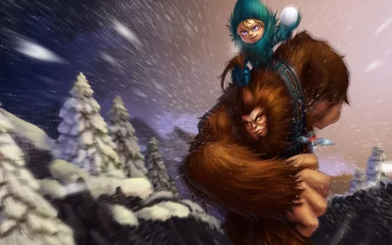 HD PC desktop wallpaper of Nunu (League of Legends) riding his yeti Willump through a snowy mountain storm — vivid video game art from League of Legends.