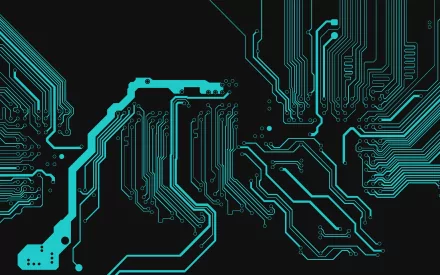 A high-definition desktop wallpaper featuring intricate circuit patterns in vibrant turquoise hues on a sleek black background, embodying modern technology.