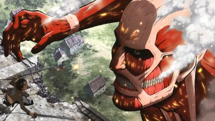 HD desktop wallpaper featuring the Colossal Titan and Eren Yeager from the anime Attack on Titan. The Colossal Titan looms menacingly over a village, emitting steam, with Eren in mid-action.