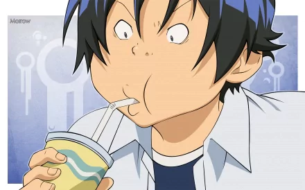 Moritaka Mashiro from the anime Bakuman, animated in a vibrant vector style, enjoying a drink, captured in this HD desktop wallpaper.