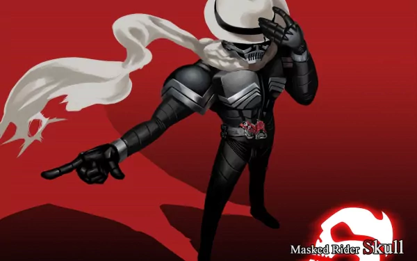 HD PC desktop wallpaper of Kamen Rider Skull from the TV show — masked rider in black armor with a flowing white scarf striking a dramatic pose against a red background.