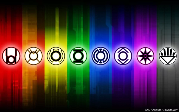 A vibrant HD wallpaper featuring the symbols of the Indigo, Black, Violet, Blue, Yellow, Orange, Red, and Green Lanterns against a colorful background.