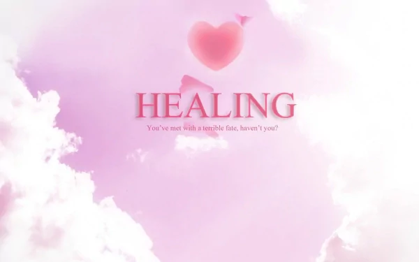 HD PC desktop wallpaper background inspired by the video game The Legend of Zelda: Majora's Mask — pastel pink clouds, floating heart and the word HEALING.