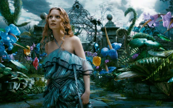 Mia Wasikowska as Alice stands in a vibrant, surreal garden from the movie Alice in Wonderland (2010), surrounded by colorful plants and mystical scenery.