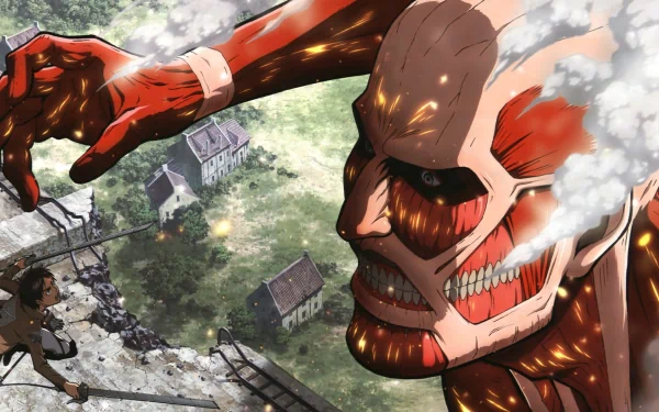 HD desktop wallpaper featuring the Colossal Titan and Eren Yeager from the anime Attack on Titan. The Colossal Titan looms menacingly over a village, emitting steam, with Eren in mid-action.