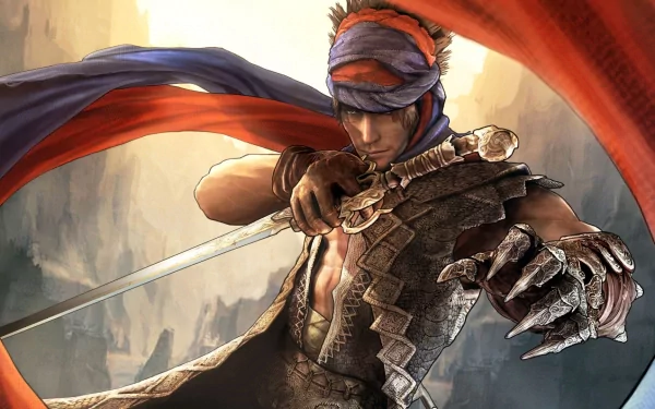 HD PC desktop wallpaper featuring the Prince of Persia from the video game The Forgotten Sands, poised with sword and wrapped in flowing red fabric.