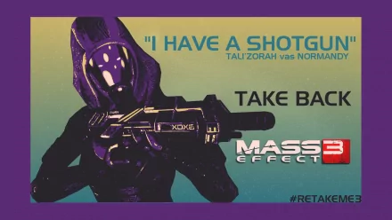 HD PC desktop wallpaper of Tali'Zorah from Mass Effect 3 in stylized poster art, aiming a shotgun with the slogan I HAVE A SHOTGUN and the words Take Back.