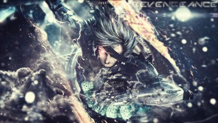 A dynamic HD wallpaper featuring a character from the video game Metal Gear Rising: Revengeance, showcasing intense action and a striking visual design.