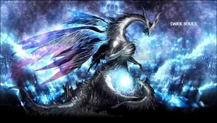 HD PC desktop wallpaper featuring Seath the Scaleless, a spectral dragon from the video game Dark Souls, surrounded by glowing blue energy.