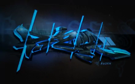 HD PC desktop wallpaper/background: shattered electric-blue Razer wordmark in neon shards on a dark tech backdrop, highlighting Razer products and gaming technology.