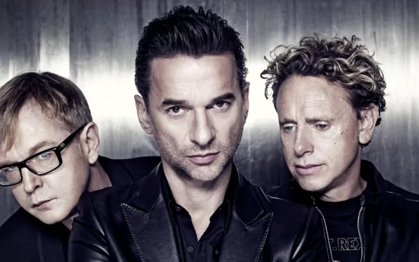 HD PC desktop wallpaper featuring the three members of Depeche Mode, captured in a moody, high-contrast portrait emphasizing their iconic presence in music.