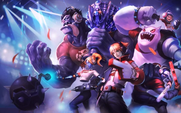 A vibrant HD desktop wallpaper featuring Orianna, Nunu, Shen, Ezreal, and Dr. Mundo from the video game League of Legends, set in an action-packed and dynamic background.