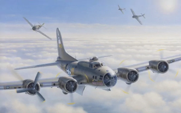 HD PC desktop wallpaper: WWII military Boeing B-17 Flying Fortress formation flying above clouds in sunlight, detailed four-engine bomber close-up.