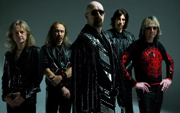 HD PC desktop wallpaper featuring the rock band Judas Priest, showcasing the five members in dark, edgy attire against a muted background.