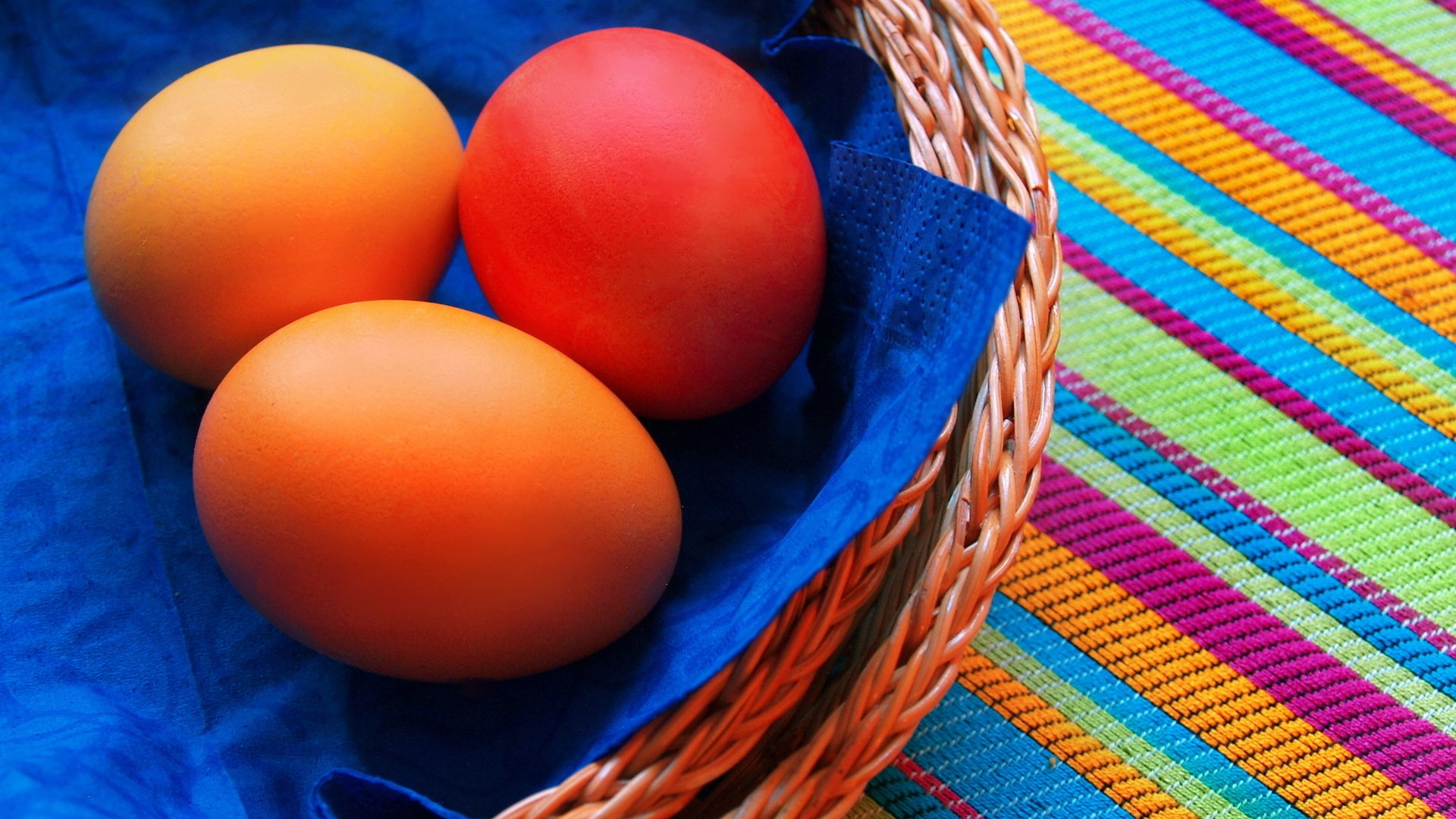 A vibrant HD desktop wallpaper featuring three colorful Easter eggs resting in a woven basket atop a bright, striped background, capturing the essence of the holiday.