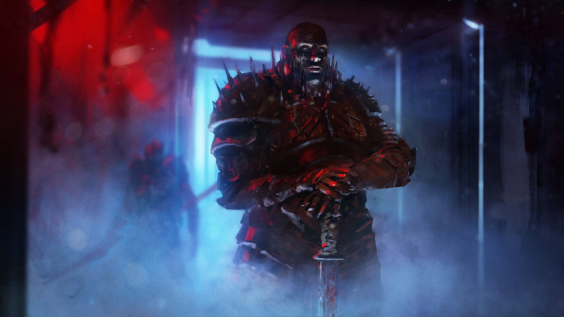 Dark warrior clad in spiked armor stands gripping a sword, shrouded in mist and illuminated by red and blue light in this HD PC desktop wallpaper.