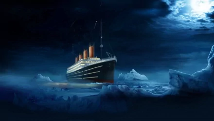 Artistic HD PC desktop wallpaper featuring the Titanic sailing through icy, dark waters under a bright moonlit sky.