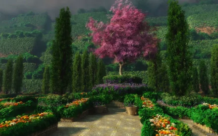 A vibrant man-made garden featuring lush greenery and colorful flowers, centered around a stunning pink tree, set against a serene mountainous backdrop. HD desktop wallpaper.