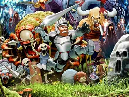 HD PC desktop wallpaper featuring a dynamic scene from the video game Ultimate Ghosts'n Goblins, showcasing the armored hero battling various monstrous creatures.