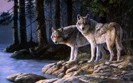 HD desktop wallpaper featuring two wolves standing on a rocky shore, with a forest and a lake in the background.