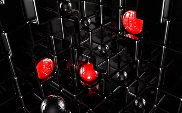 HD 3D CGI artwork featuring glossy black cubes and spheres with contrasting bright red spheres, creating an artistic and immersive desktop wallpaper background.