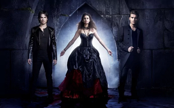 HD desktop wallpaper from the TV show The Vampire Diaries, featuring three characters standing in front of an arched, gothic background with dark and dramatic lighting.