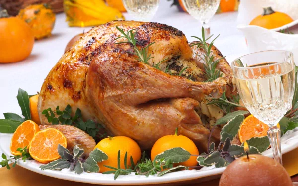 A beautifully roasted chicken garnished with herbs and surrounded by oranges, set on an elegant table with sparkling glasses, makes for a stunning 4K Ultra HD desktop wallpaper.