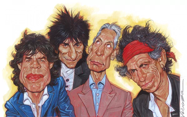 A vibrant HD desktop wallpaper featuring caricatures of The Rolling Stones, capturing their iconic style and energy in a colorful, artistic representation.
