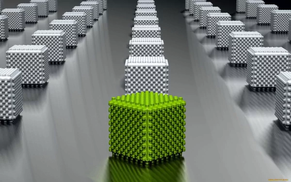 An abstract HD desktop wallpaper featuring a green cube surrounded by white cubes, arranged in a striking linear pattern on a sleek surface.
