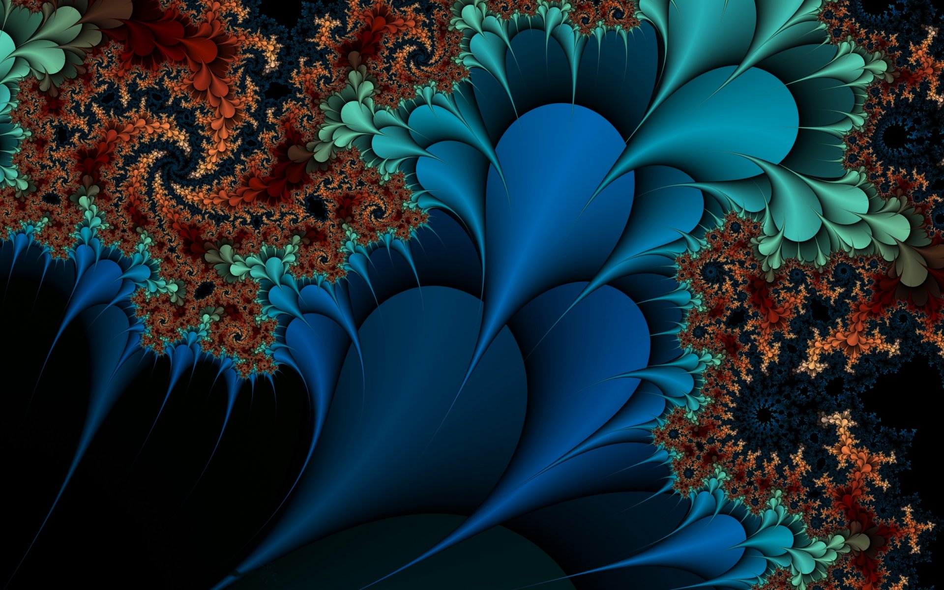 A vibrant, psychedelic fractal design with swirling abstract shapes in deep blues, greens, and fiery reds, rendered in high-definition for a PC desktop wallpaper.