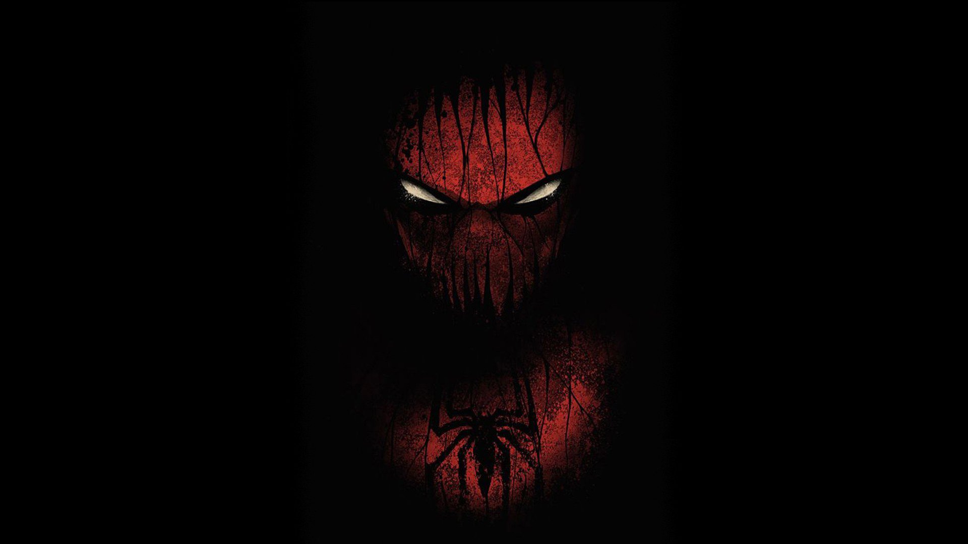 HD PC desktop wallpaper featuring a dark, intense comic-style Spider-Man with glowing eyes and a spider emblem on his chest against a black background.