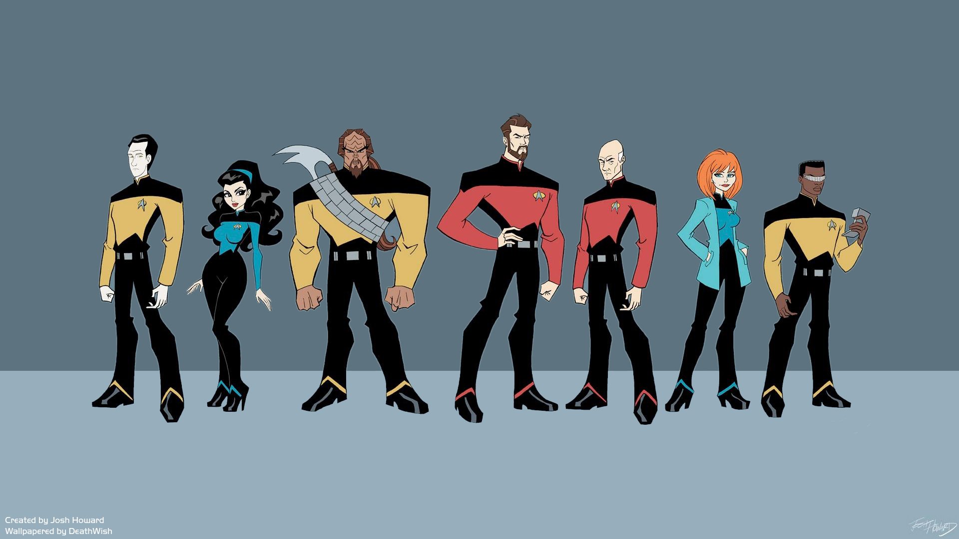 Animated HD PC desktop wallpaper featuring the main crew of Star Trek: The Next Generation in stylized, modern designs from the TV show.