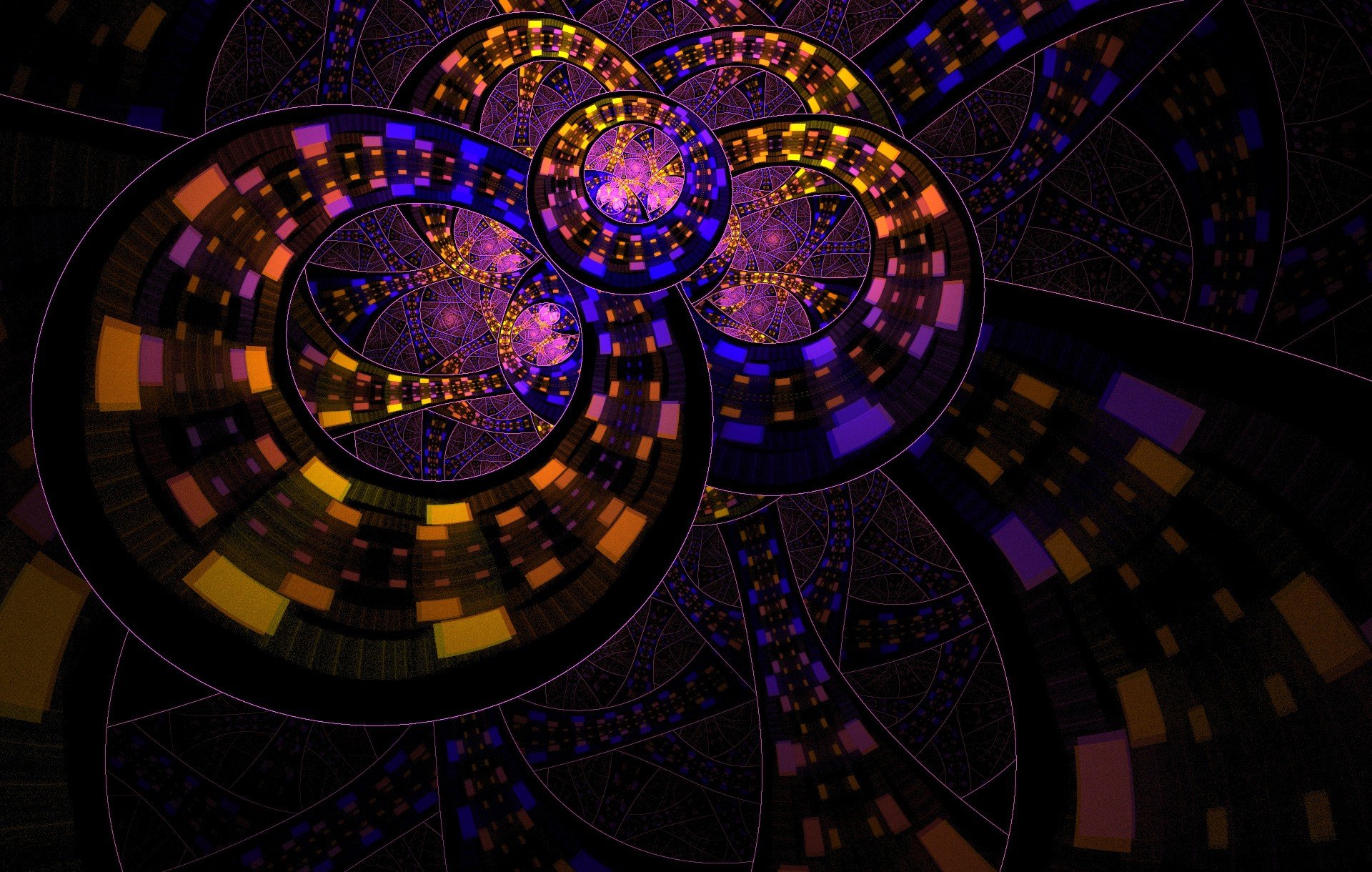 Abstract fractal design with vibrant psychedelic colors in deep purples and oranges, creating a trippy, mesmerizing pattern for an HD PC desktop wallpaper background.