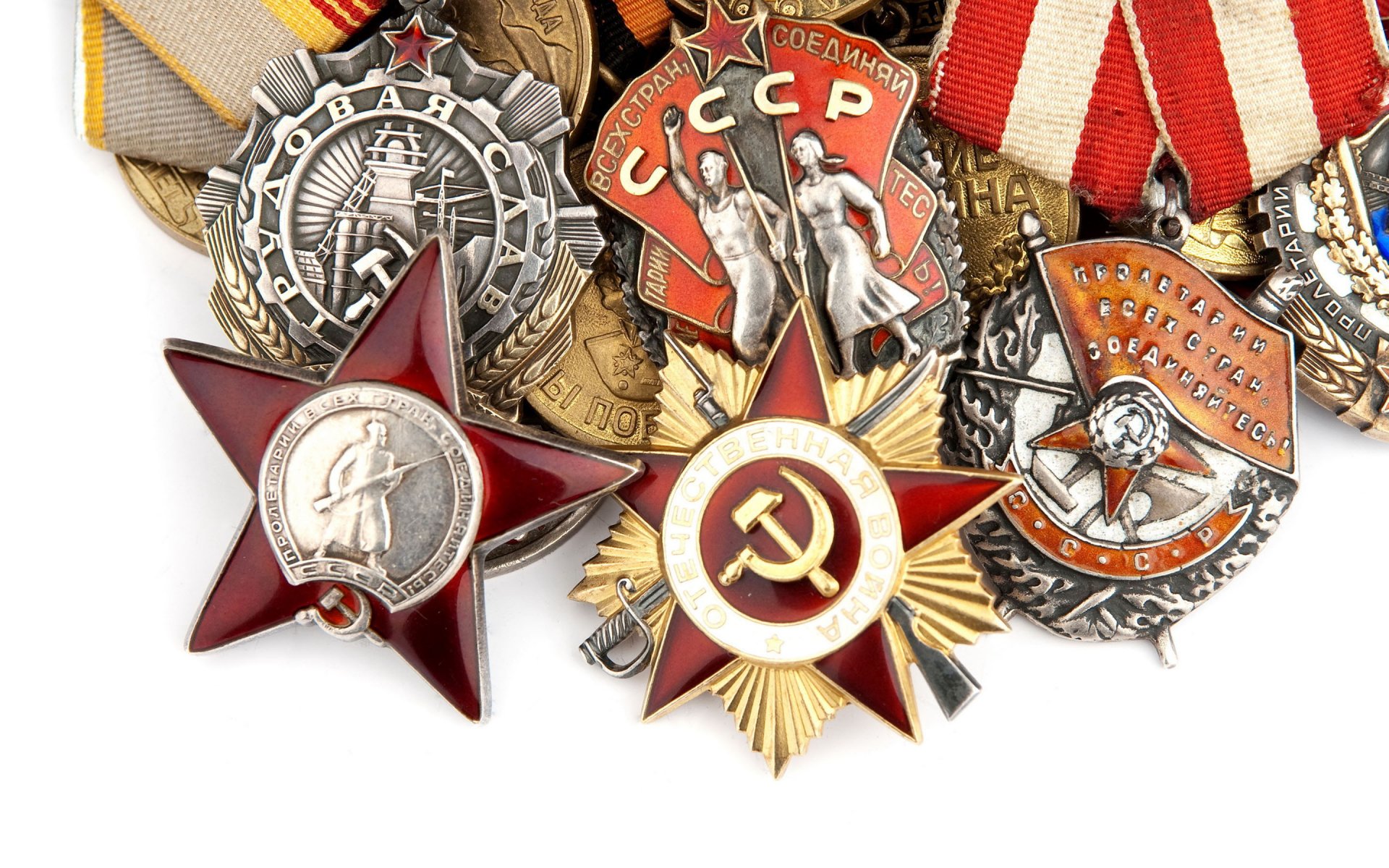 A collection of Soviet medals and orders commemorating victories in World War II, symbolizing the significance of Victory Day (9 May) in USSR history, featured as a high-definition wallpaper.