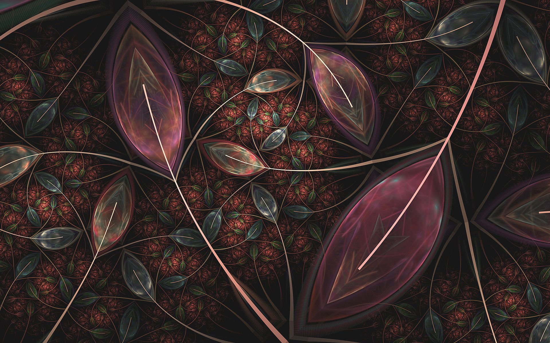HD PC desktop wallpaper featuring an abstract fractal design with intertwining leaf-like shapes in deep, rich hues and delicate, glowing lines.
