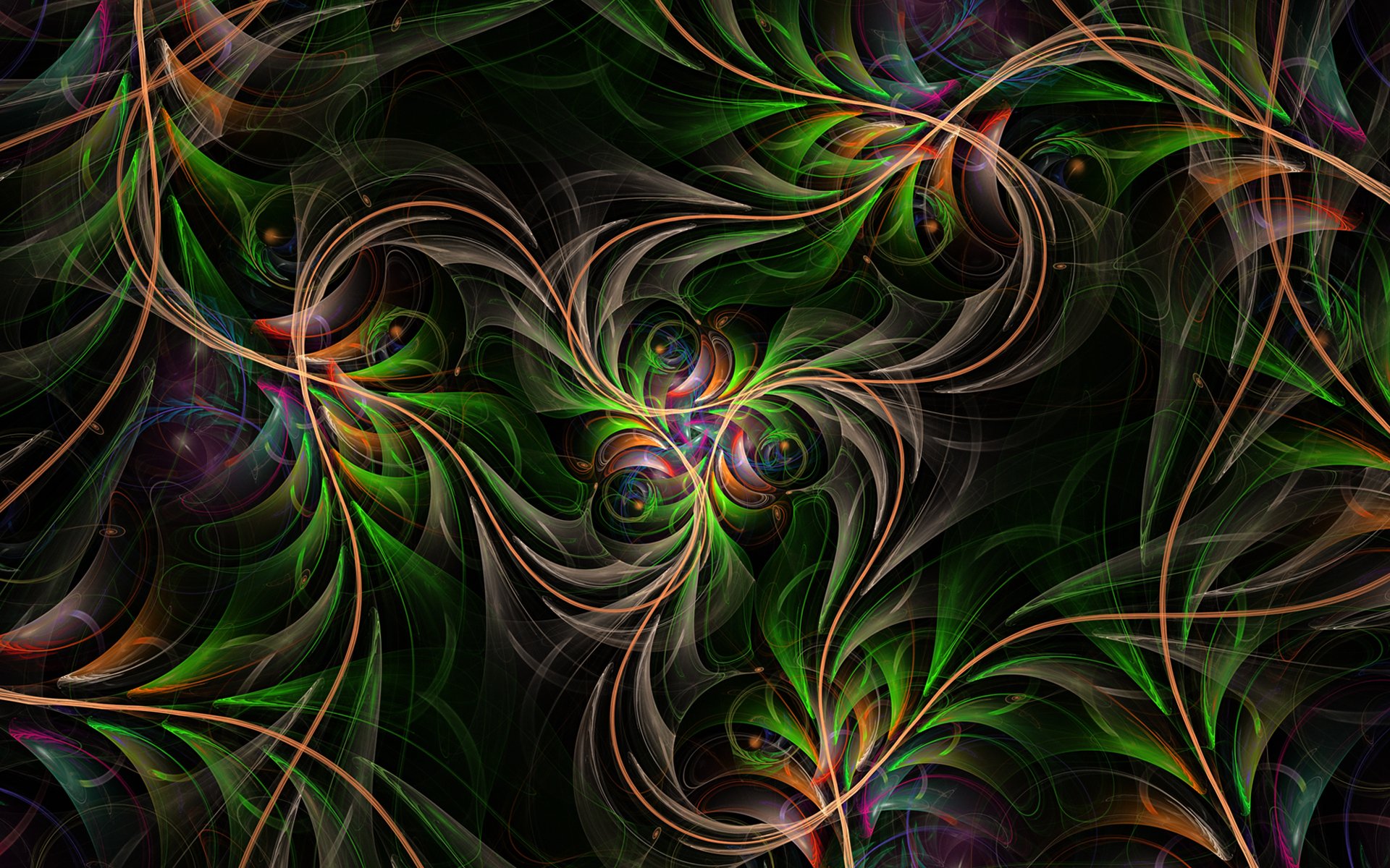 A vibrant psychedelic abstract image featuring intricate fractal patterns in shades of green, orange, and purple, creating a trippy and captivating desktop wallpaper.