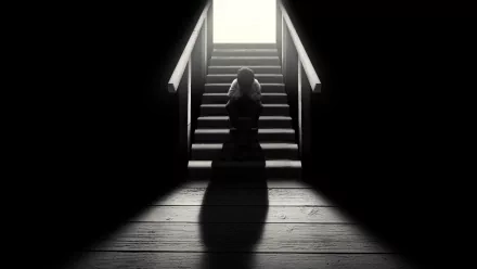 A solitary figure sits on stairs illuminated by light, evoking a sense of sadness. This artistic HD desktop wallpaper captures a poignant moment.