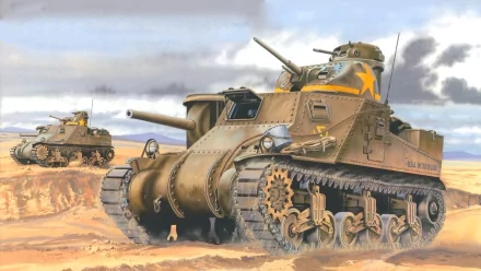 HD desktop wallpaper featuring a detailed military illustration of the M3 Lee tank in a desert setting with a cloudy sky background.