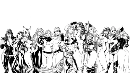 Black and white comic collage featuring a lineup of female superheroes, designed as an HD PC desktop wallpaper and background.
