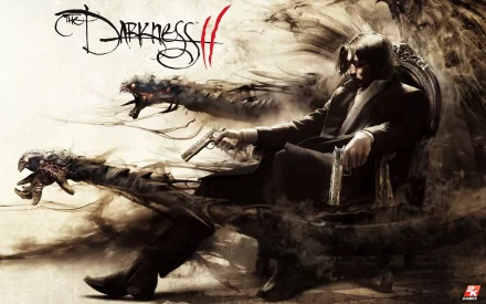A dark and dramatic wallpaper from The Darkness II, featuring a creature with black hair wielding a gun, enveloped in shadowy tendrils, capturing the essence of the video game.