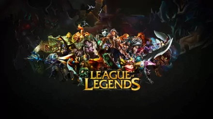 HD wallpaper featuring various characters from the video game League of Legends, with the game's logo prominently displayed in the center. The background is dark, focusing attention on the vibrant characters.