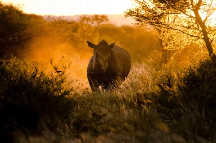 A majestic rhino traverses a golden landscape at sunset, surrounded by soft grass and sparse trees. This stunning HD wallpaper captures the beauty of wildlife.